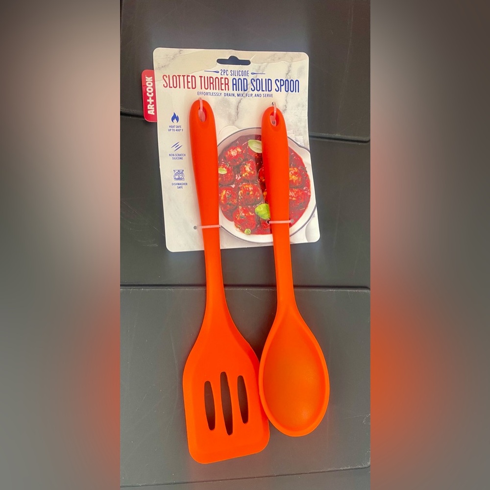 New AR+Cook 2 piece non cratch silicon solid SLOTTED TURNER & SOLID SPOON SET 🎁
